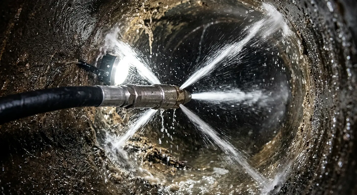 High-pressure hydro jetting nozzle cleaning sewer pipe for Emergency Drain Service in Eliot