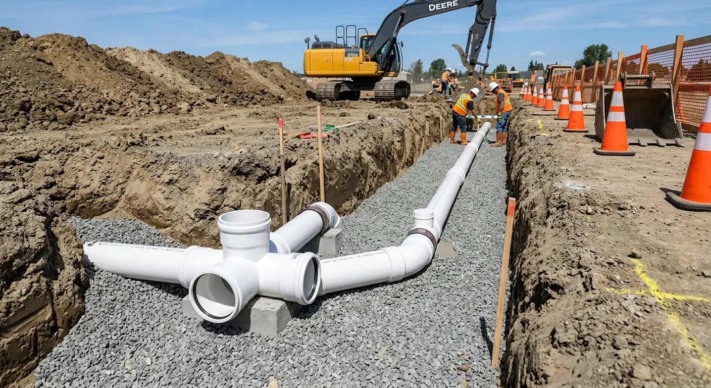New PVC sewer pipe installation in open trench for Commercial Drain Cleaning in Eliot