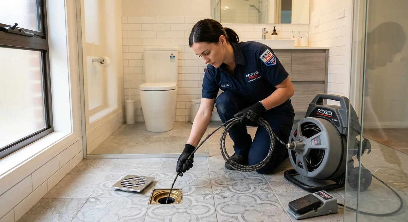 Technician clearing a bathroom floor drain for Clogged Drain Repair in Eliot